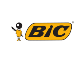 BIC-Logo mit dem Wort BiC in fetten schwarzen Buchstaben innerhalb eines gelben Ovals, daneben eine stilisierte gelbe Figur, die einen schwarzen Stift hinter dem Rücken hält.