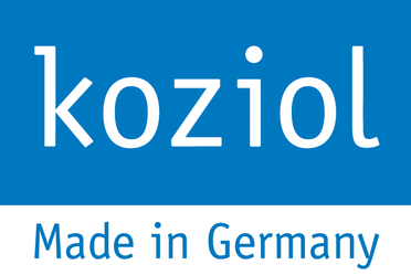 Blaues und weißes Logo mit dem Wort koziol in Kleinbuchstaben über dem Text Made in Germany.