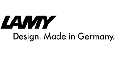 Lamy-Logo in fetten schwarzen Buchstaben, darunter der Slogan "Design. Made in Germany." in einer klaren, serifenlosen Schrift darunter.